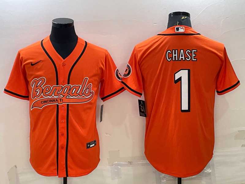 Men%27s Cincinnati Bengals #1 JaMarr Chase Orange With Patch Cool Base Stitched Baseball Jersey